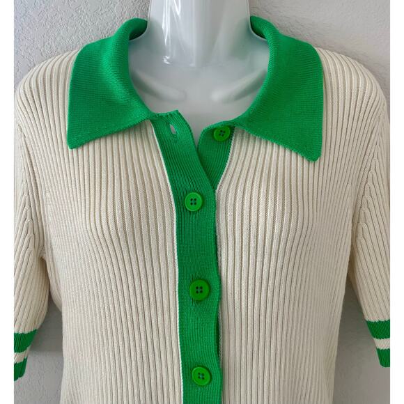 Anthropologie Green & Ivory Colorblock Polo Cardigan Sweater Top Small - Picture 4 of 7